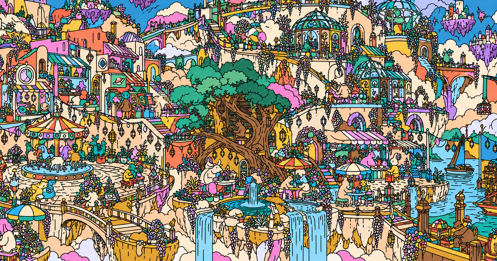 Colourful hand-drawn village with a central treehouse, bridges and waterfalls, adapted from Bloom artwork.